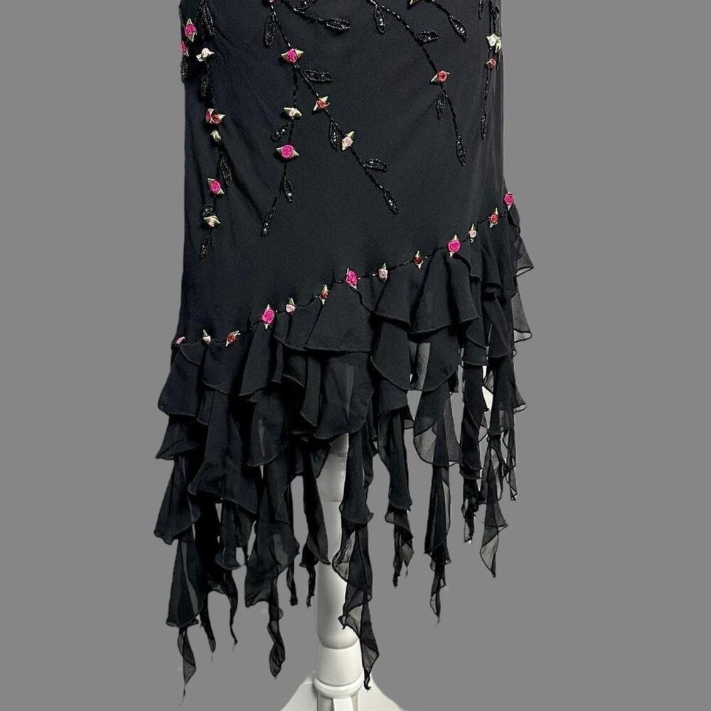 Y2K gothic fairycore beaded silk ribbon flower asymmetrical ruffle fringe dress - Picture 9 of 11
